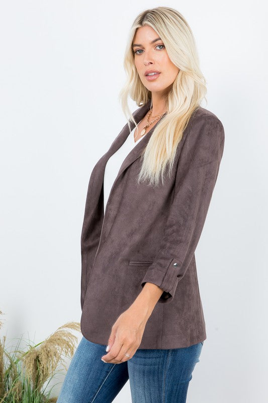 Elegance Open Front Roll Up Suede Blazer