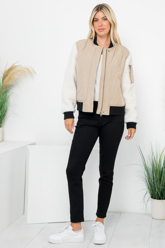 Onion Quilted Bomber With Sherpa Sleeves