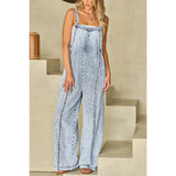 Women Light Wash Exposed Seam Wide Leg Denim Jumpsui