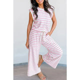 Casual Style Striped Short Sleeve Two-Piece Set