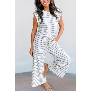 Casual Style Striped Short Sleeve Two-Piece Set