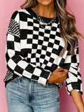 Cozy Checkered Drop Shoulder Round Neck Sweater