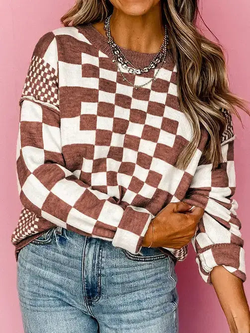 Cozy Checkered Drop Shoulder Round Neck Sweater