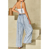 Women Light Wash Exposed Seam Wide Leg Denim Jumpsui