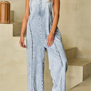 Women Light Wash Exposed Seam Wide Leg Denim Jumpsui