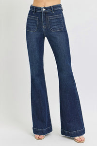 ELASTIC BAND HIGH RISE FLARE PATCH POCKET JEANS