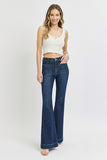 ELASTIC BAND HIGH RISE FLARE PATCH POCKET JEANS